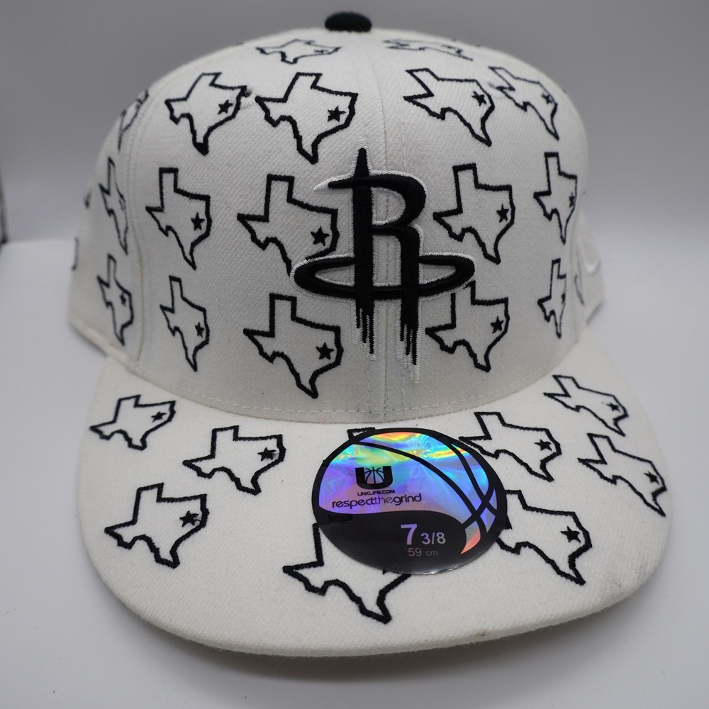 UNK Houston Rockets Hat Men 7 3/8 White All Over Texas Print Fitted NBA Cap